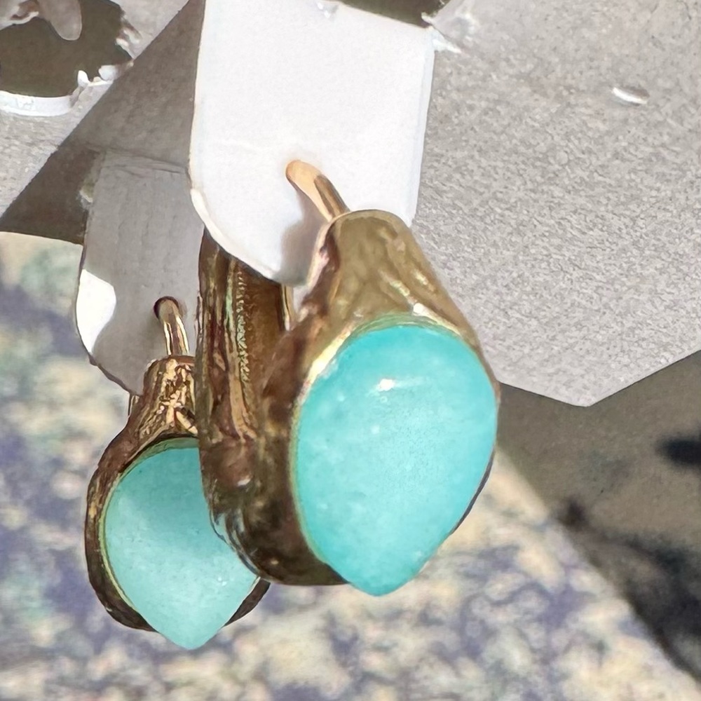 Gold Tone Hoop Earrings With Large Blue Stone